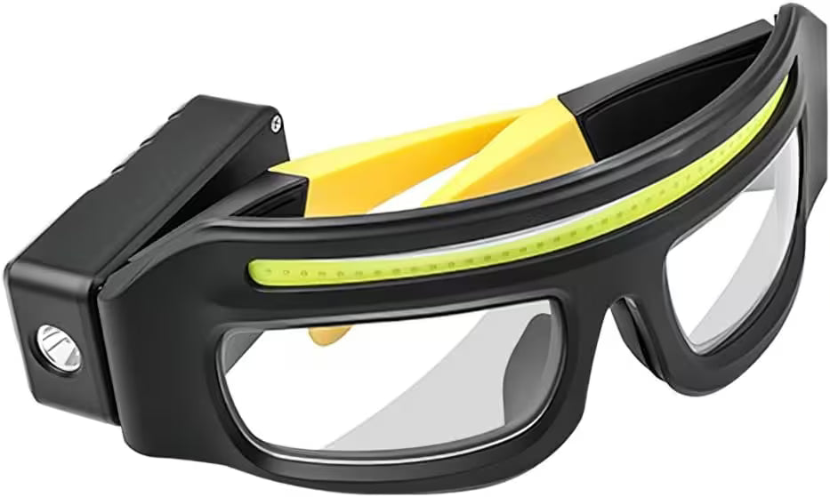 Black and yellow safety goggles with clear lenses on a white background