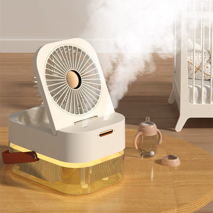 Portable fan with steam emitting on a wooden surface, with baby bottles nearby.