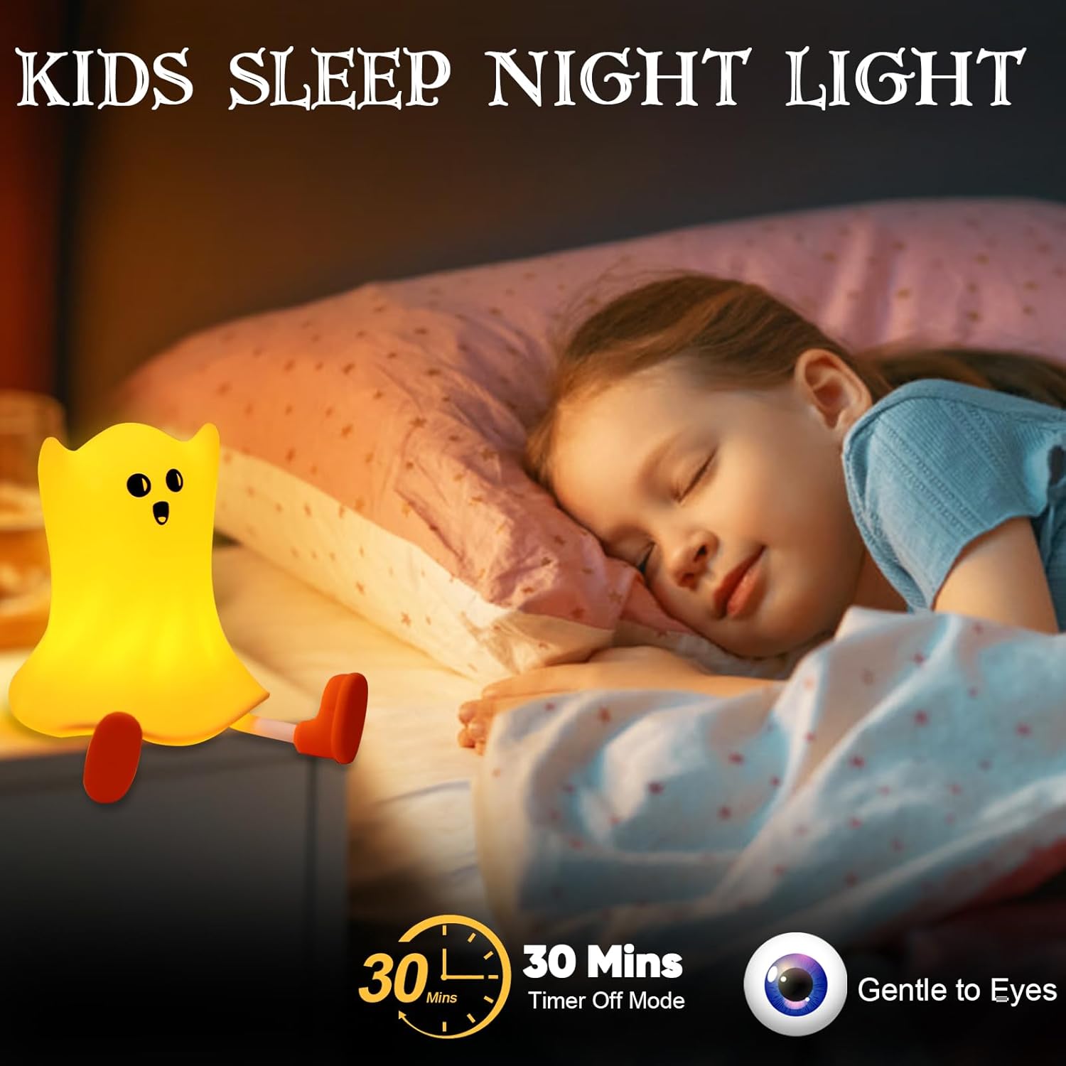 Child sleeping in bed with a yellow night light shaped like a ghost, featuring text about sleep light features.