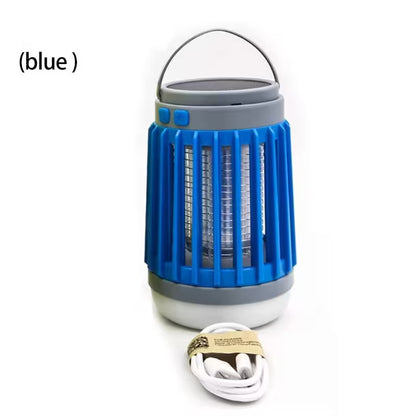 Blue camping lantern with power cord on a white background