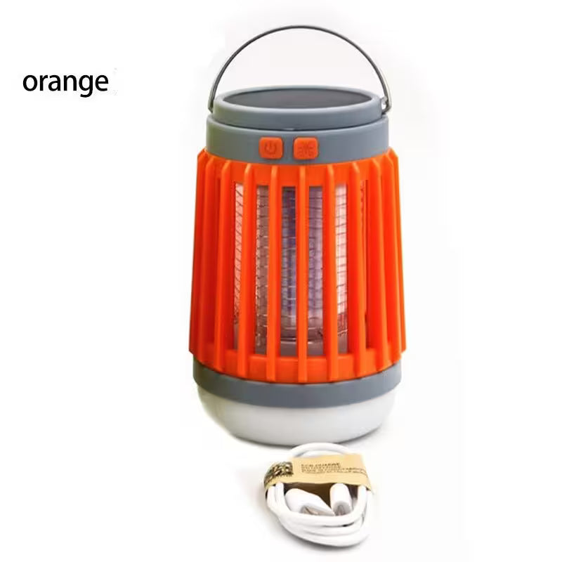 Orange camping lantern with handle and power cord on a white background
