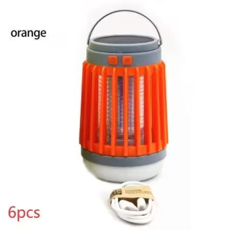 Orange camping lantern with gray base and handle on a white background