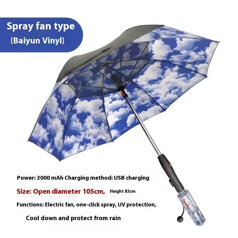 Umbrella with spray fan feature and cloud pattern on a white background