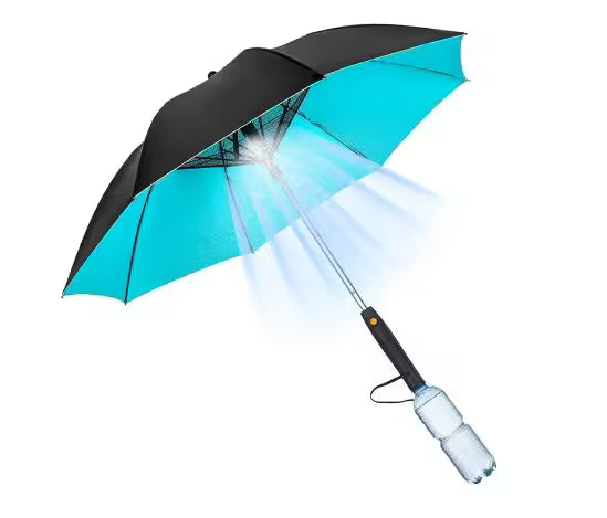 Black and turquoise umbrella with a light on a white background