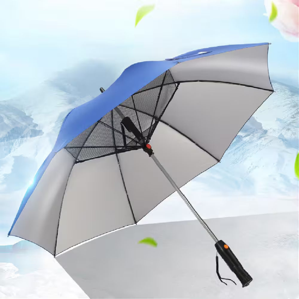 Two-toned umbrella with blue top and gray bottom against a light blue background