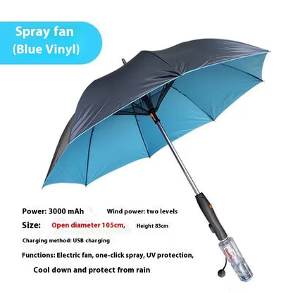 Blue and black umbrella with spray fan attachment on a white background