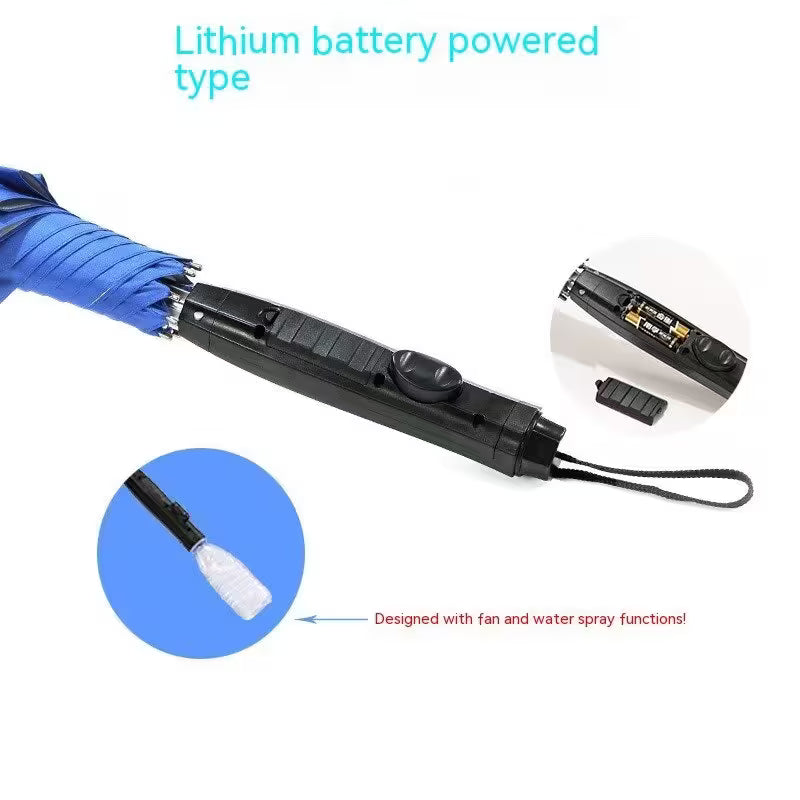 Lithium battery-powered umbrella with fan and water spray functions on a white background.