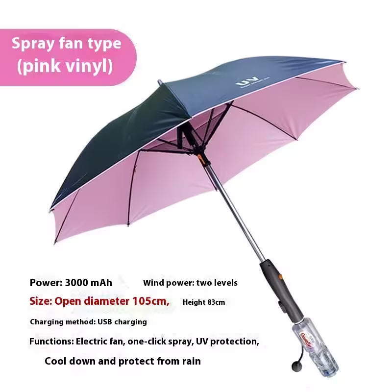 Pink and black umbrella with spray fan feature on a white background