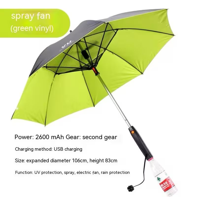 Green vinyl spray fan with charging details on a white background