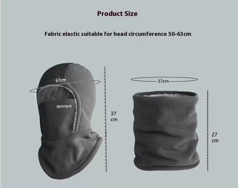 Gray balaclava and neck gaiter with measurements on a light gray background