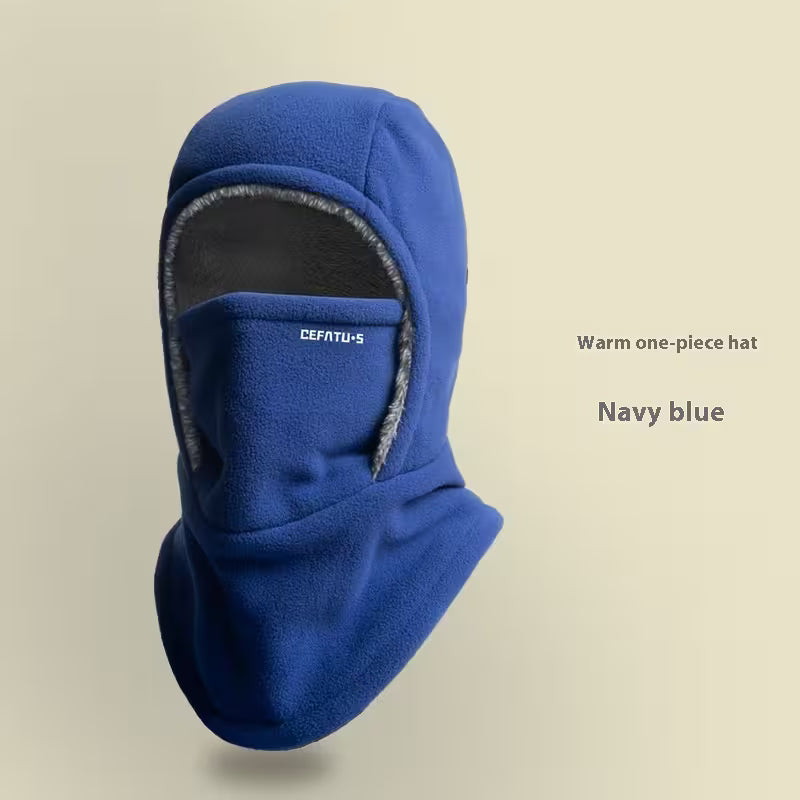 Navy blue balaclava with brand logo on a beige background