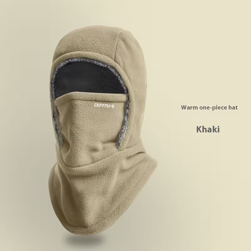 Khaki warm one-piece hat on a beige background