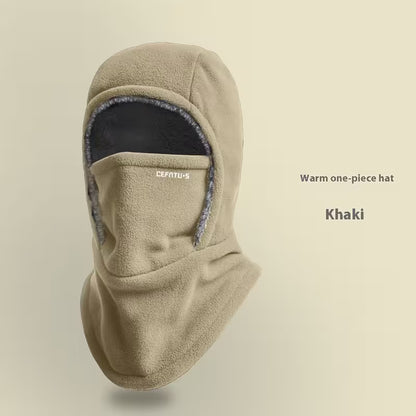 Khaki warm one-piece hat on a beige background