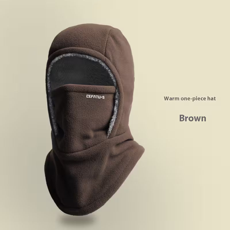 Brown warm one-piece hat withCEFATU branding on a beige background