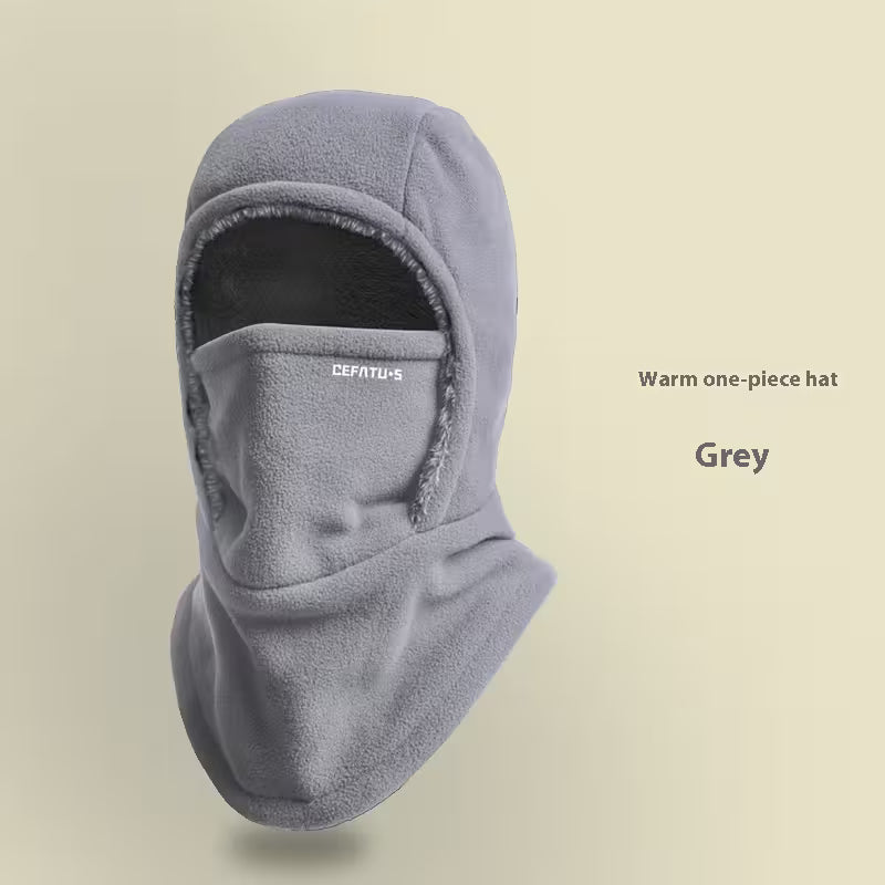 Gray warm one-piece hat with a brand logo on a beige background