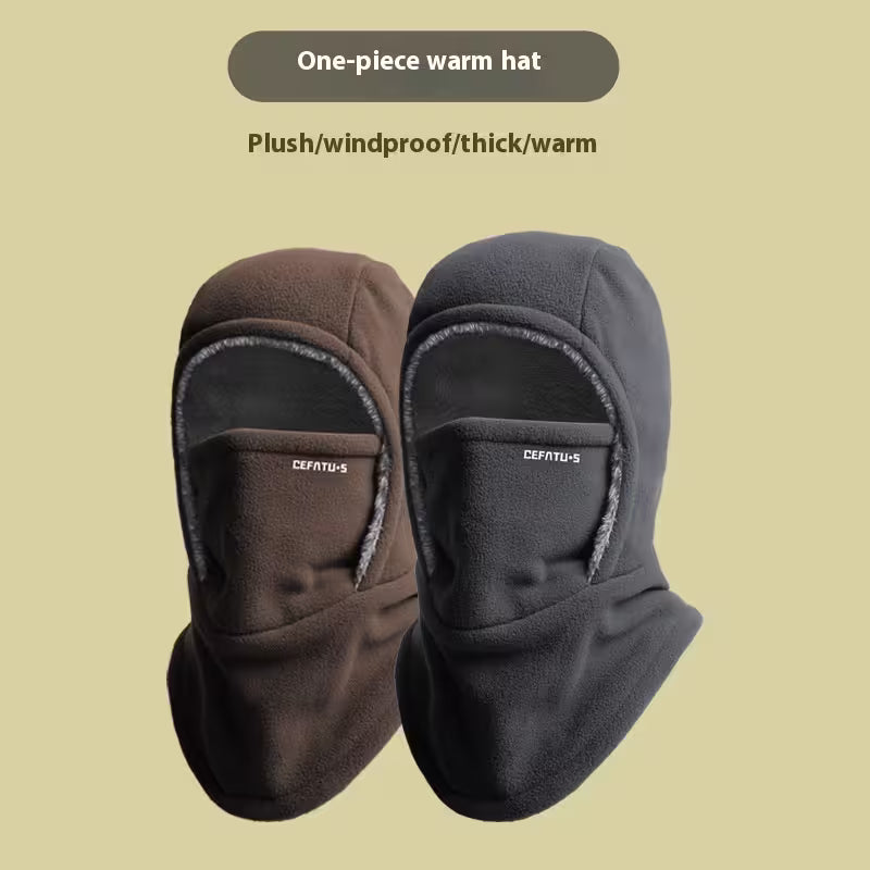 Two balaclavas, one brown and one black, on a beige background with 'Cefatius' branding.