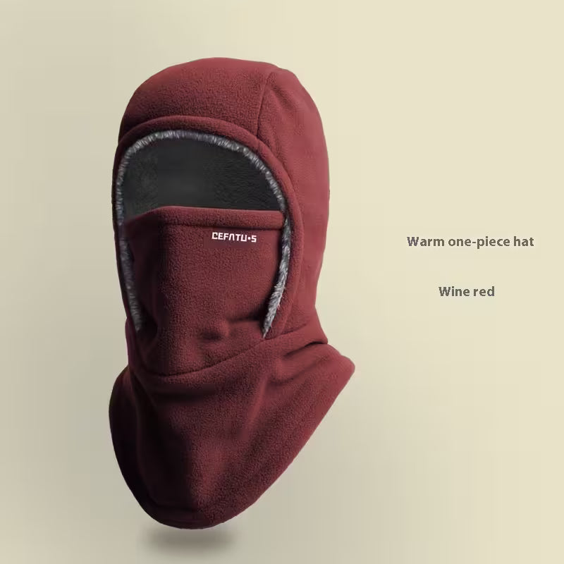 Wine red warm one-piece hat with brand logo on a beige background