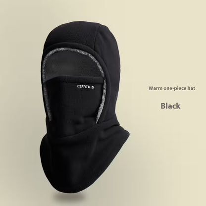 Black warm one-piece hat withCEFATU-S branding on a beige background