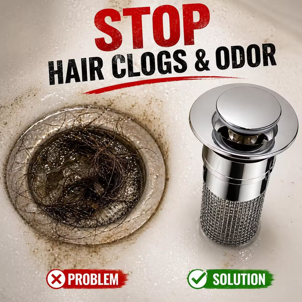 Universal Long Pop-Up Utility Sink Drain Strainer Assembly – 304 Stainless Steel, Tool-Free Install