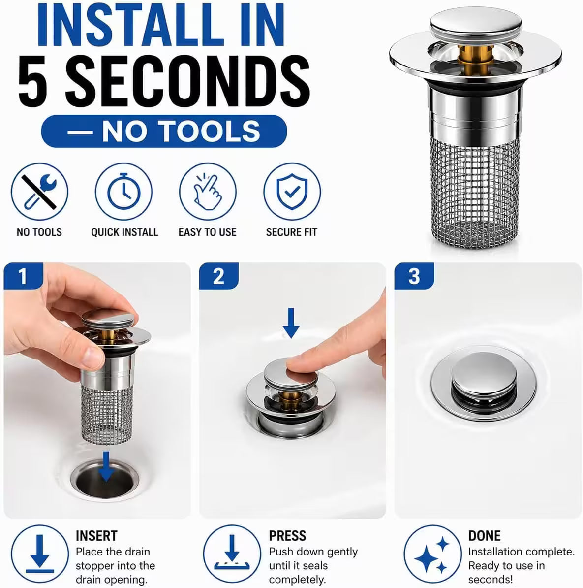 Universal Long Pop-Up Utility Sink Drain Strainer Assembly – 304 Stainless Steel, Tool-Free Install