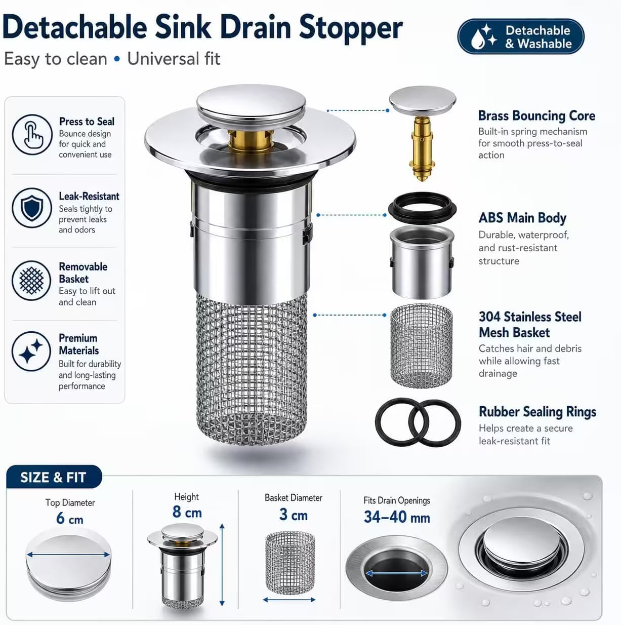 Universal Long Pop-Up Utility Sink Drain Strainer Assembly – 304 Stainless Steel, Tool-Free Install