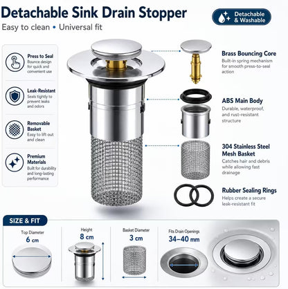 Universal Long Pop-Up Utility Sink Drain Strainer Assembly – 304 Stainless Steel, Tool-Free Install