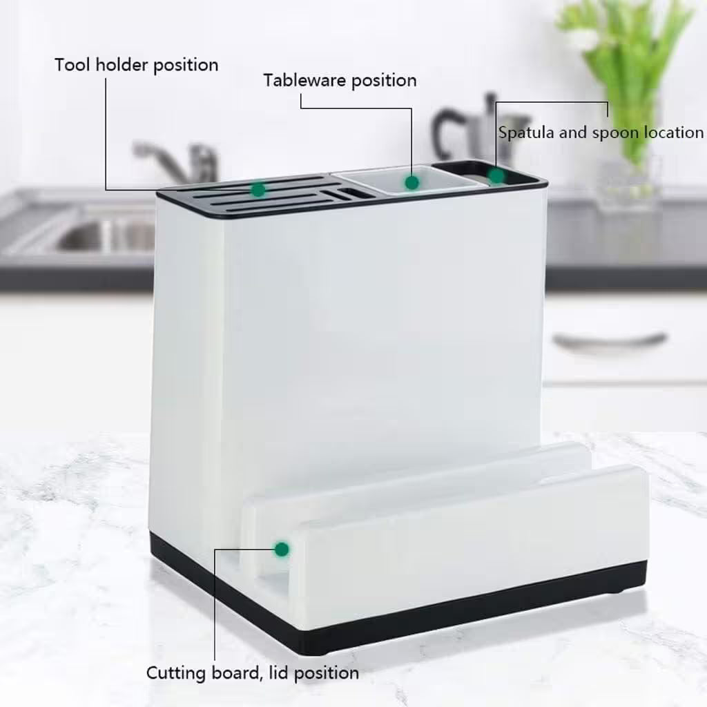 White kitchen organizer with labeled positions on a countertop