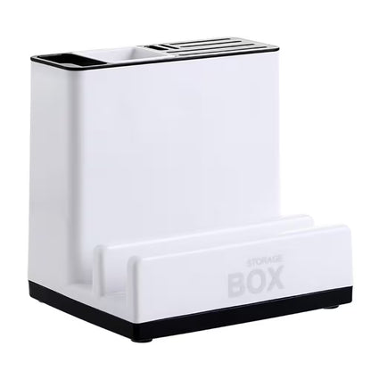 White and black storage box with a lid on a white background