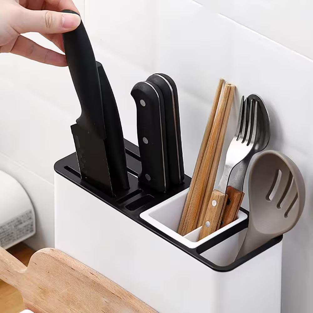 Knife block with cutlery on a white background