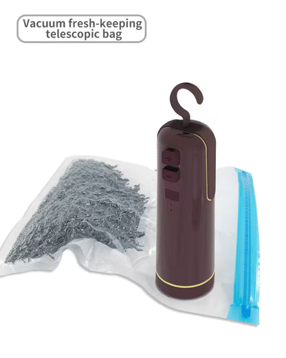 Vacuum fresh-keeping telescopic bag with a brown device on a white background