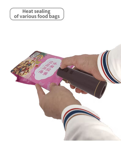 Person using a heat sealer on a pink food packaging bag with text