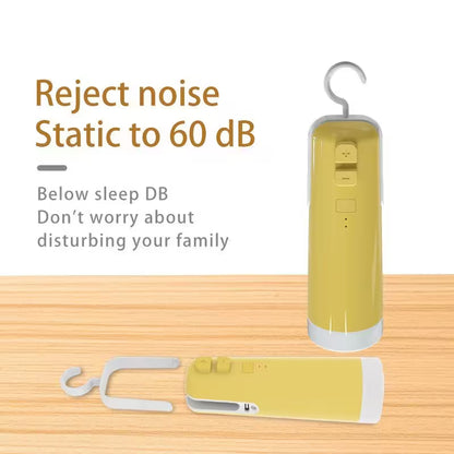 Yellow noise machine with a hook on a wooden surface, featuring text about noise rejection capabilities.