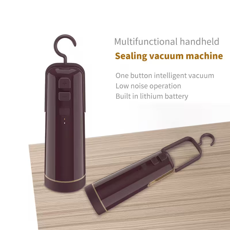 Multifunctional handheld sealing vacuum machine on a wooden surface with text describing its features.