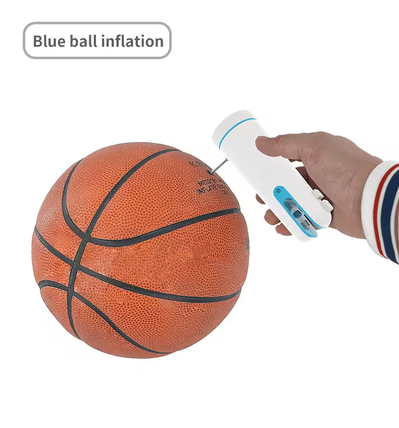 Basketball being inflated with a hand holding an inflation tool on a white background