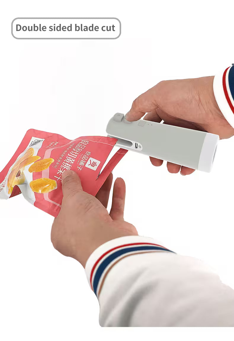 Person using a packaging cutter on a red package with text 'Double sided blade cut' above.