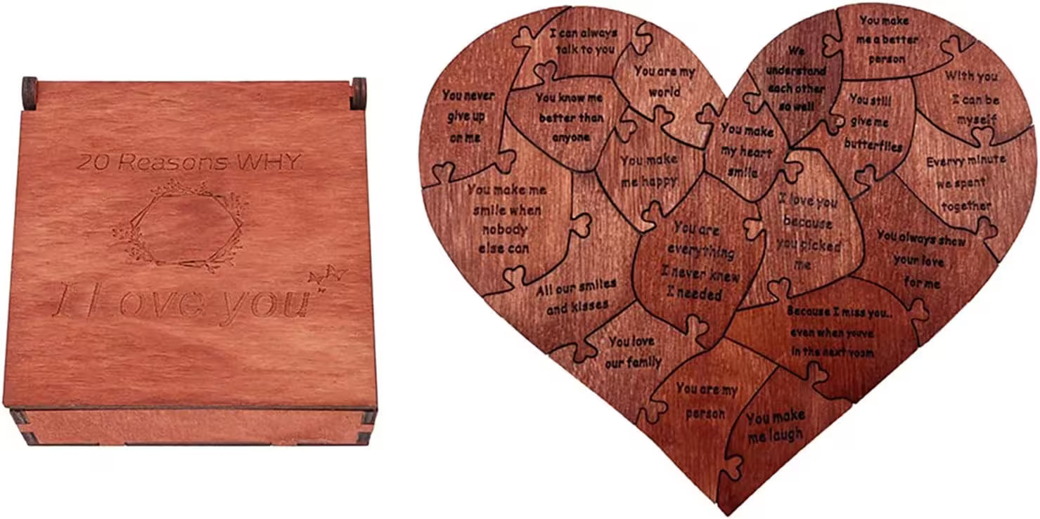 Wooden heart-shaped puzzle with engraved text and matching wooden box.