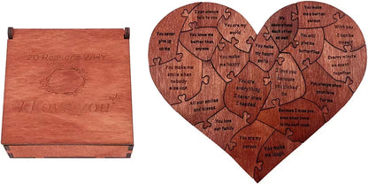 Wooden heart-shaped puzzle with engraved text and matching wooden box.