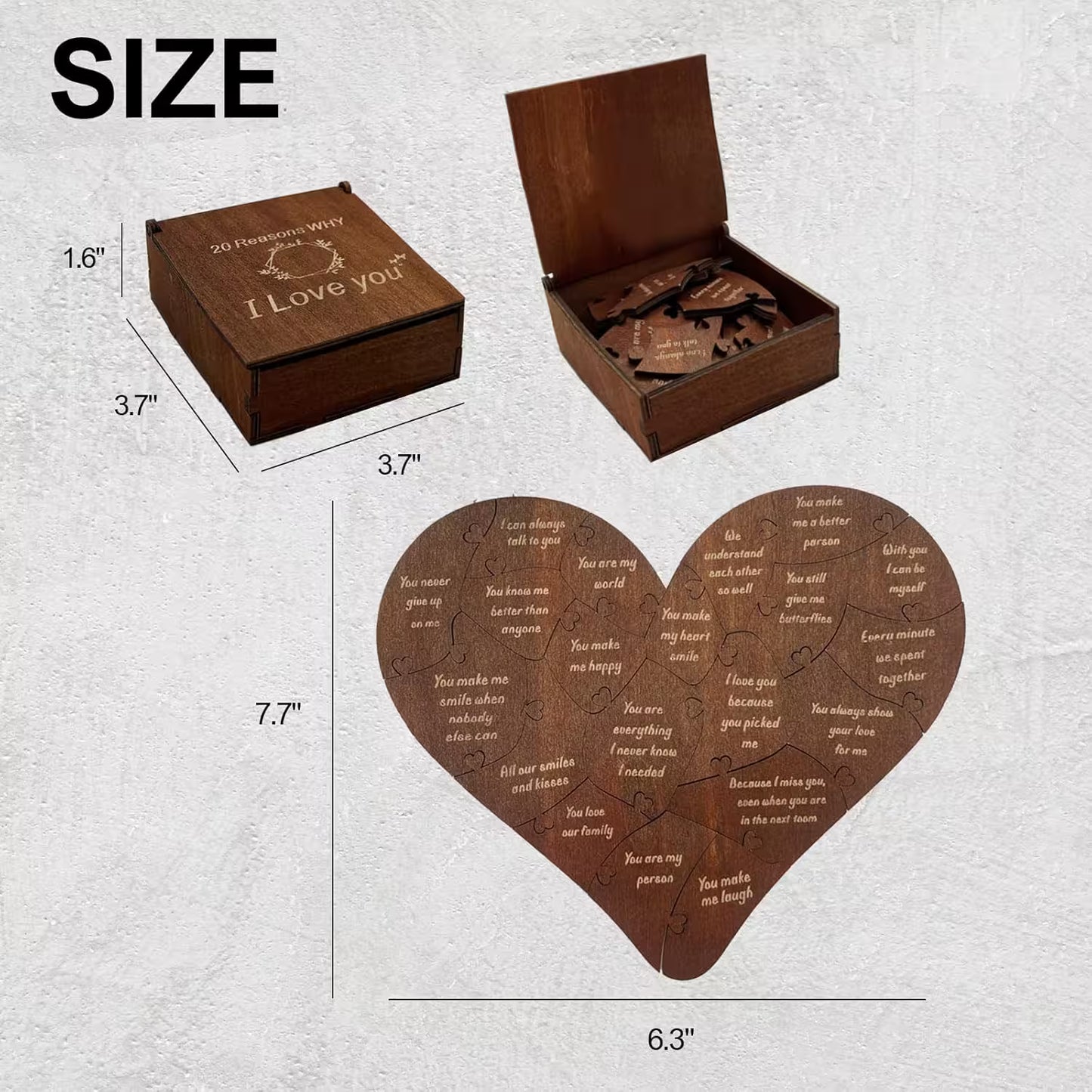 Wooden heart-shaped puzzle with engraved text, packaging, and measurements on a light gray background.