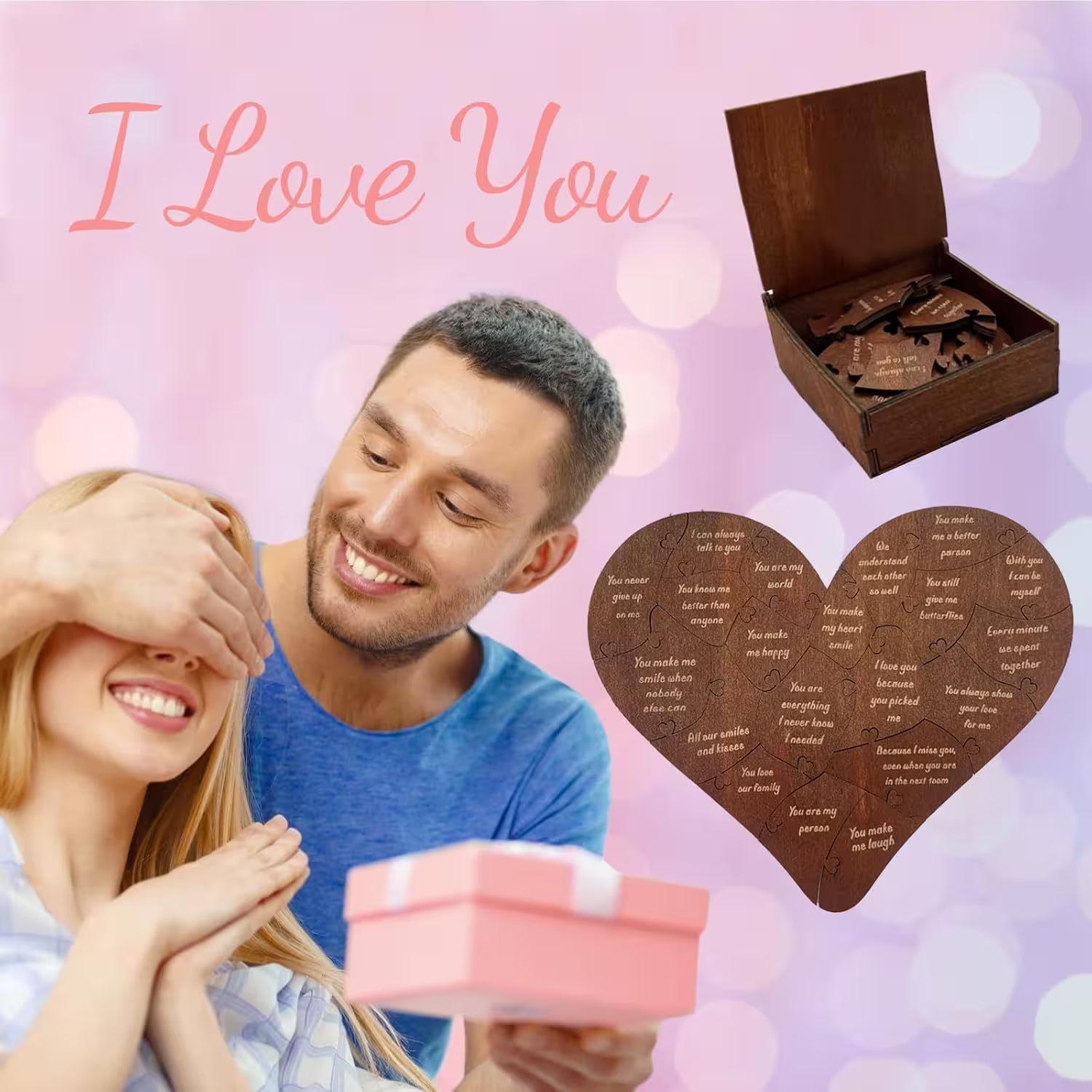 Couple with a pink gift box and wooden heart-shaped plaque on a pink background with 'I Love You' text.
