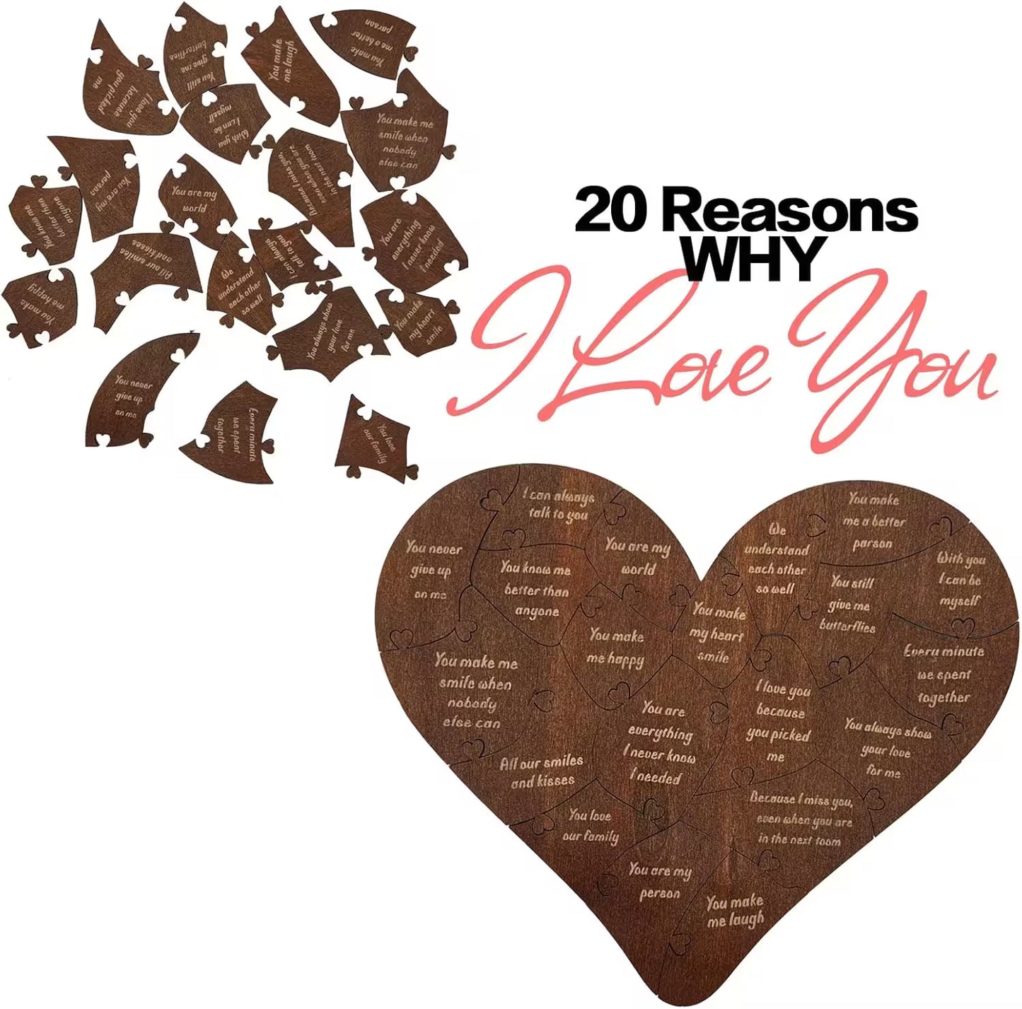 Heart-shaped puzzle with '20 Reasons Why I Love You' text on a white background