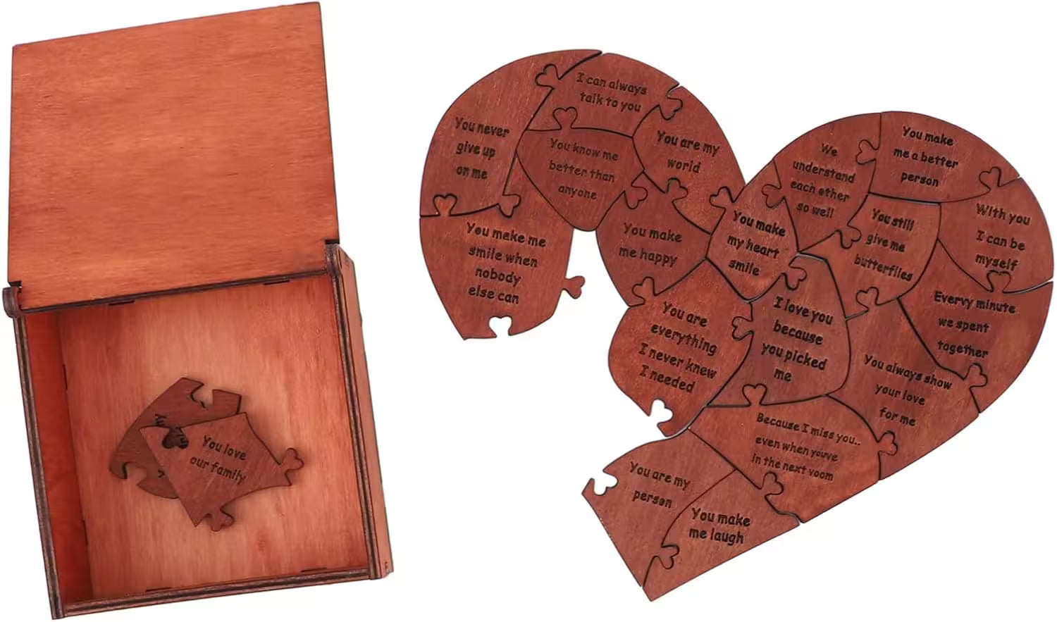 Heart-shaped wooden puzzle with engraved messages in a wooden box