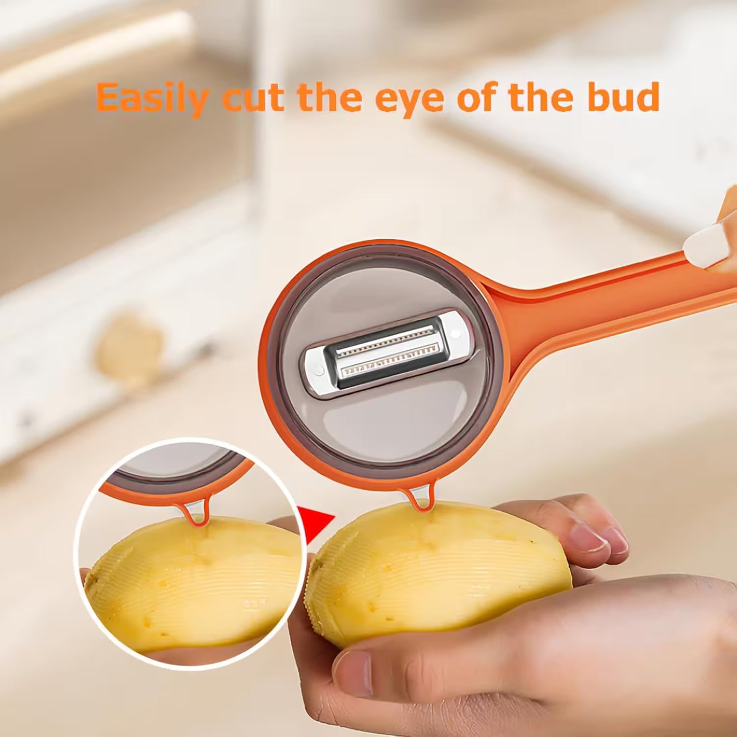 Orange flower cutting tool being used on a yellow flower bud with text 'Easily cut the eye of the bud'.