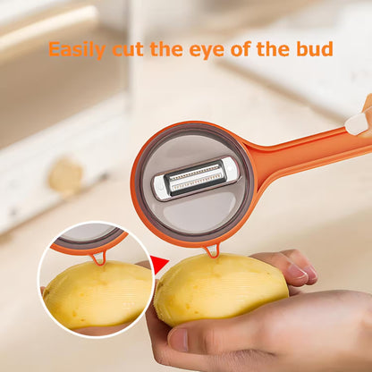Orange flower cutting tool being used on a yellow flower bud with text 'Easily cut the eye of the bud'.