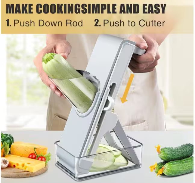 Vegetable slicer being used to slice a cucumber with text instructions on a blurred background.