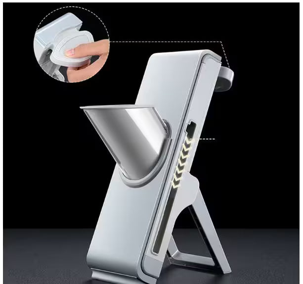 Silver phone stand with funnel design on a black background