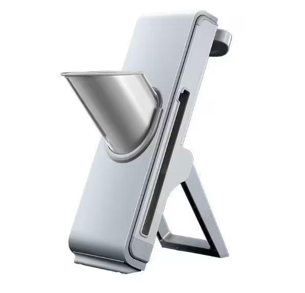 Silver stand with a funnel-like top on a white background
