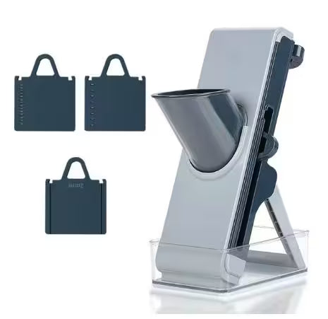 Gray stand with funnel and three blue bags on a white background