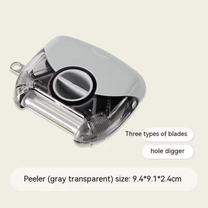 Gray transparent peeler with text indicating blade types and size on a beige background