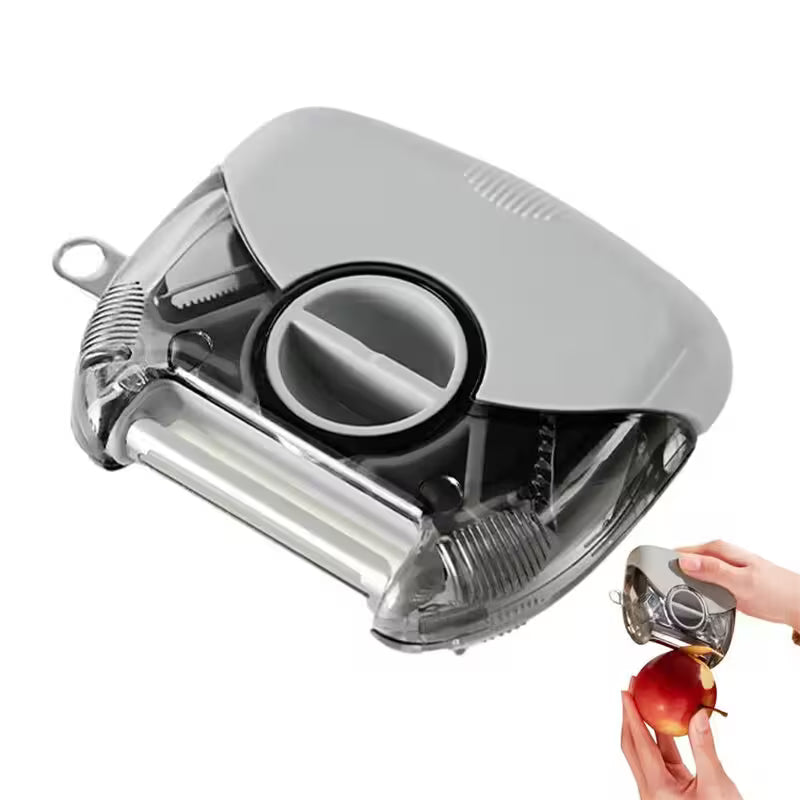 Apple slicer with a hand holding an apple being sliced on a white background