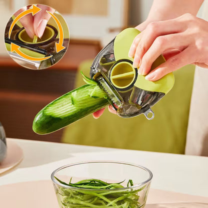 Person using a vegetable peeler to slice a cucumber, with a close-up inset showing the peeling action.